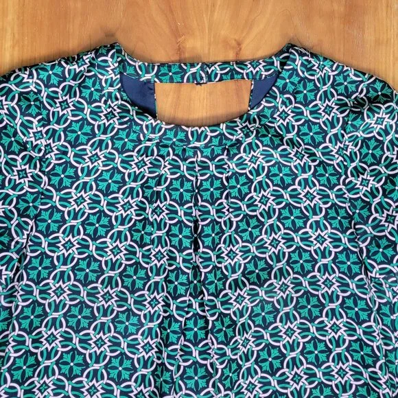 J. Crew Cutaway Back Green Navy Silk Swoop Dress in Latticework Medallion - 0 - Picture 7 of 12
